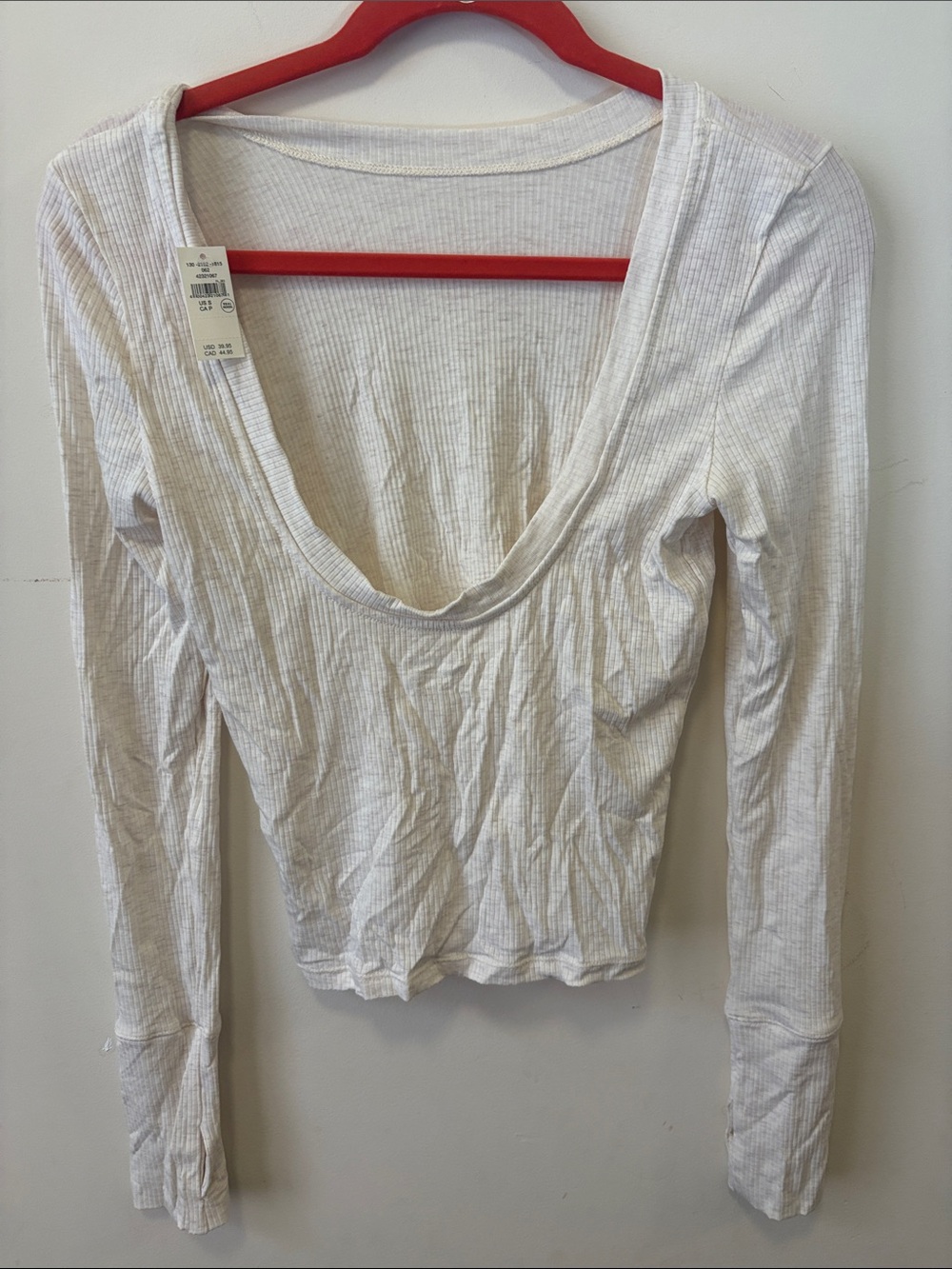 Women's White Ribbed Long-Sleeve Scoop back Top